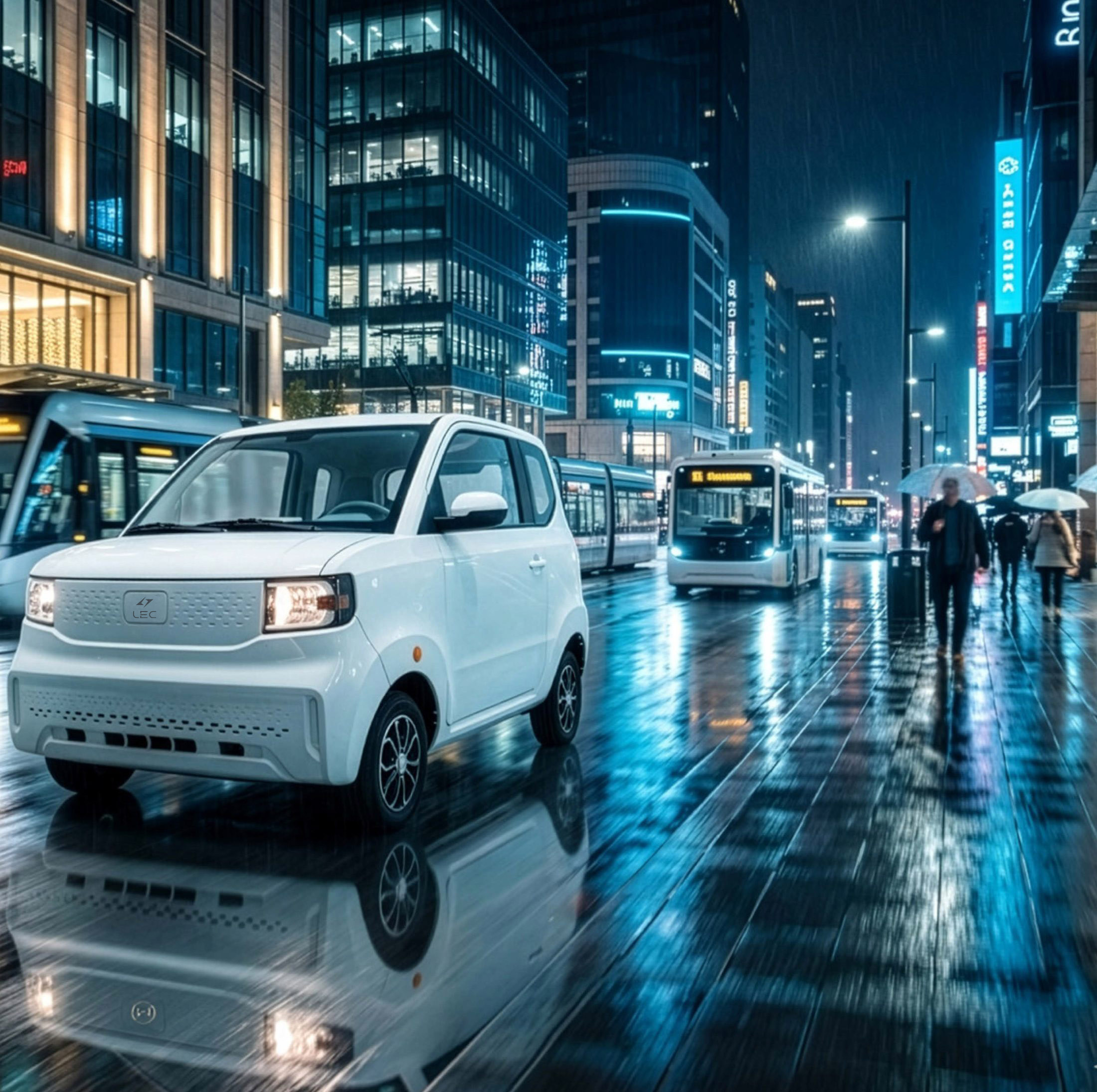 LEC driving through a rainy city at night